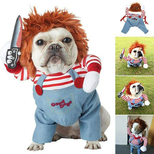 Dog wearing Halloween cosplay costume with wig and foam knife