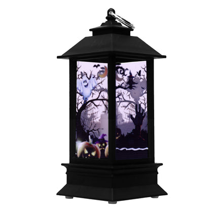 Black Halloween-themed lantern with a spooky design on a white background