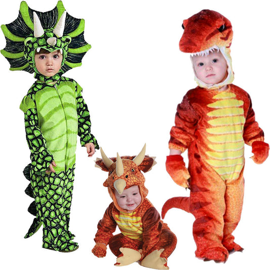 Three children wearing dinosaur costumes on a white background