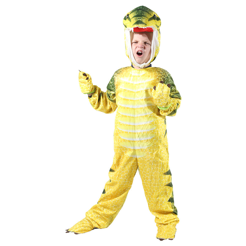 Child wearing a yellow dinosaur costume on a white background