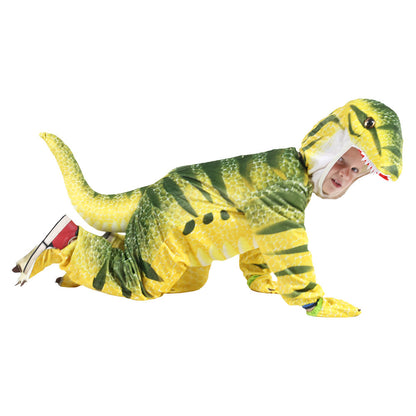 Child wearing a green and yellow dinosaur costume on a white background
