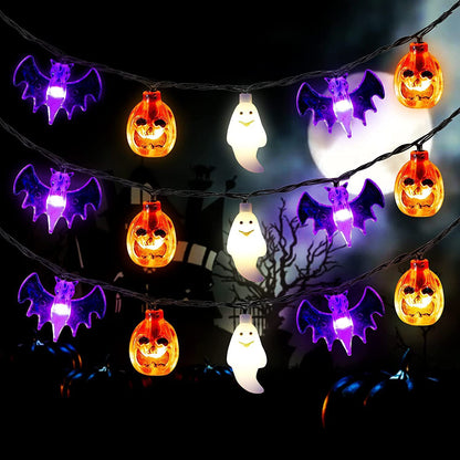 Purple and green Halloween pumpkin and bat LED string lights