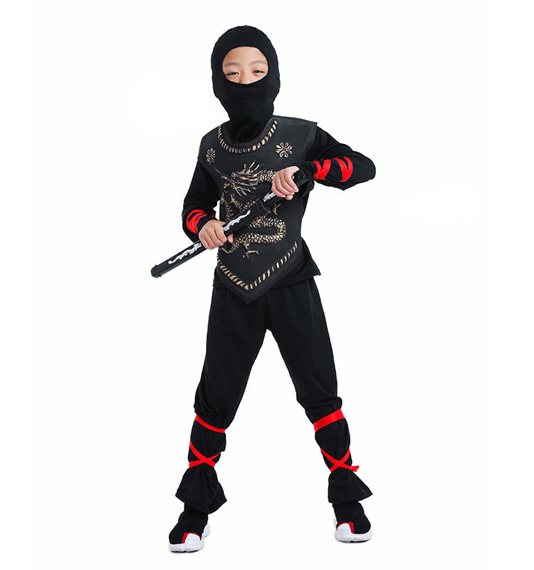 Child wearing a black ninja costume with red accents on a white background