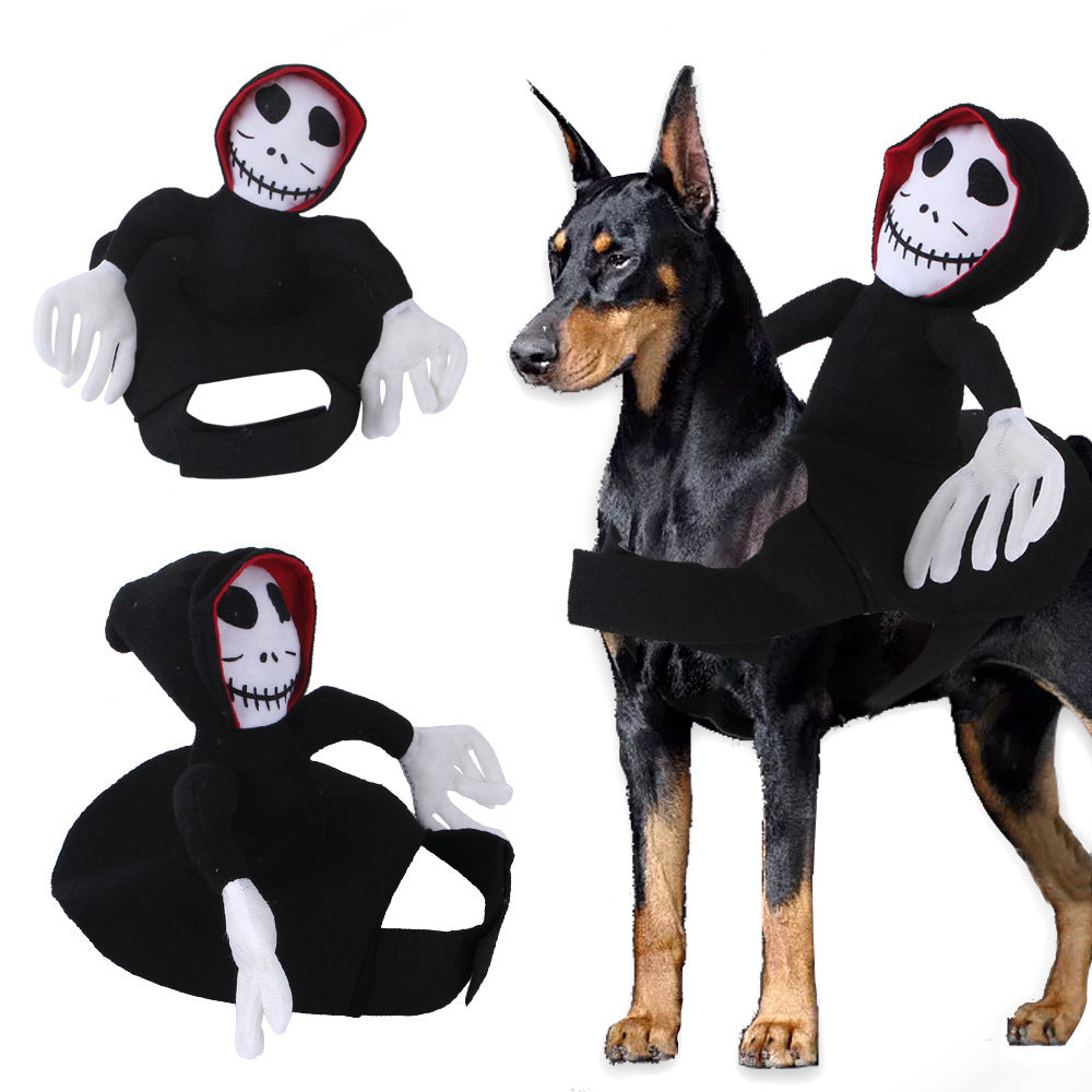 Dog wearing a skeleton costume with two additional skeleton figures on a white background
