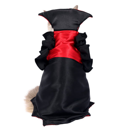 Cat wearing Halloween vampire costume back view.